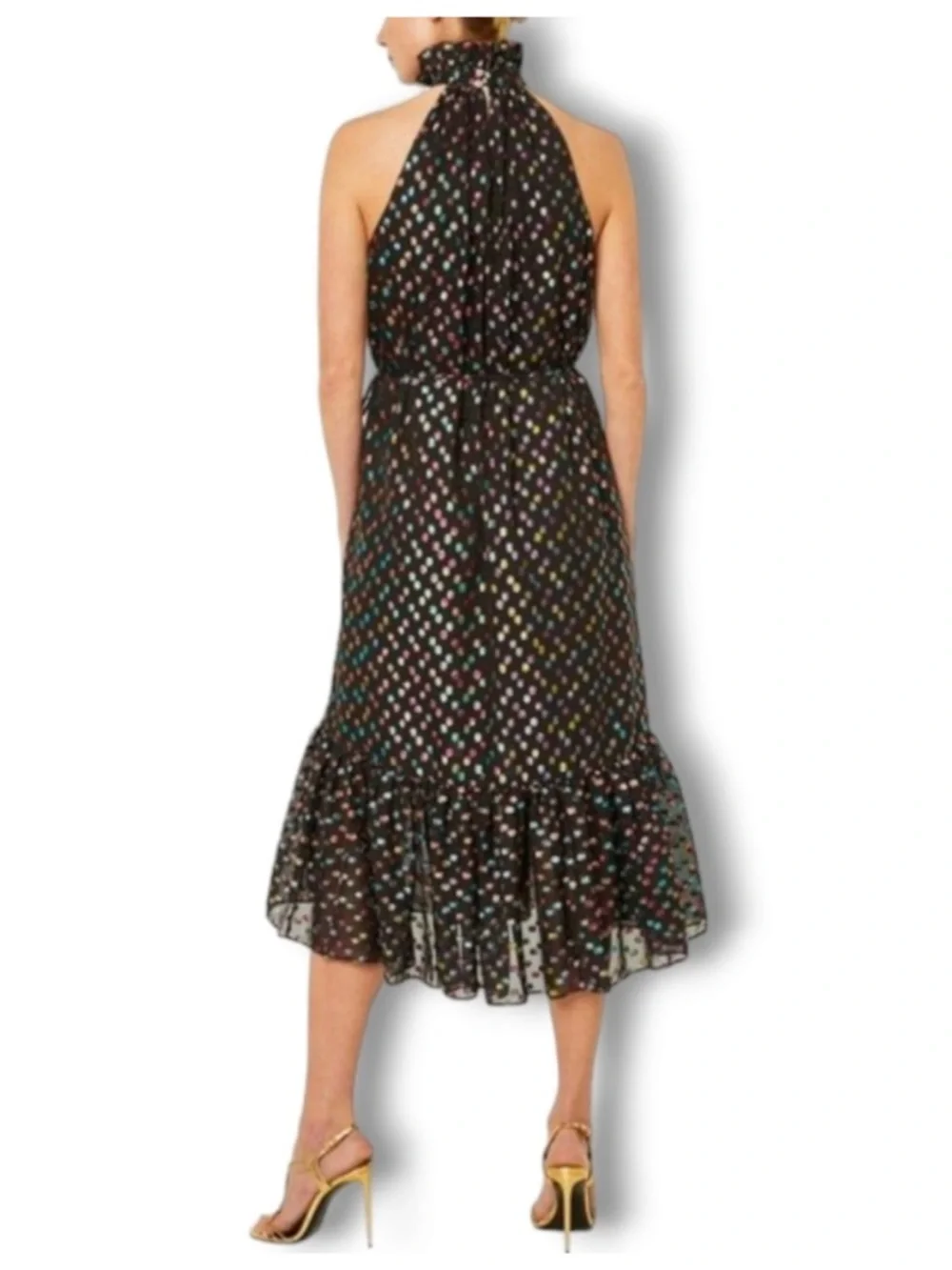 Misa Los Angeles Winona Rainbow Metallic Clip Dot Halter Dress XS